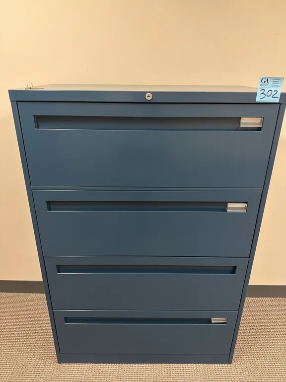Steelcase blue horizontal 4-drawer metal filing cabinet 36”x18”x52”, no key