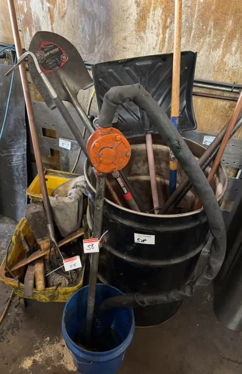 Oil Transfer Pump with Hose, Drum & Assorted Shop Tools Lot