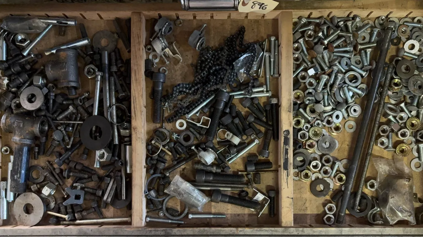 Assorted Machine Fasteners, Nuts, Washers, Chain Links & Industrial Hardware Lot