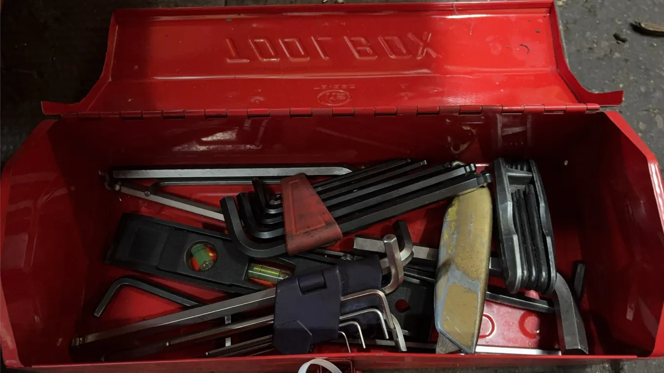 Metal Tool Box Loaded with Assorted Hex Keys, Squares & Shop Tools