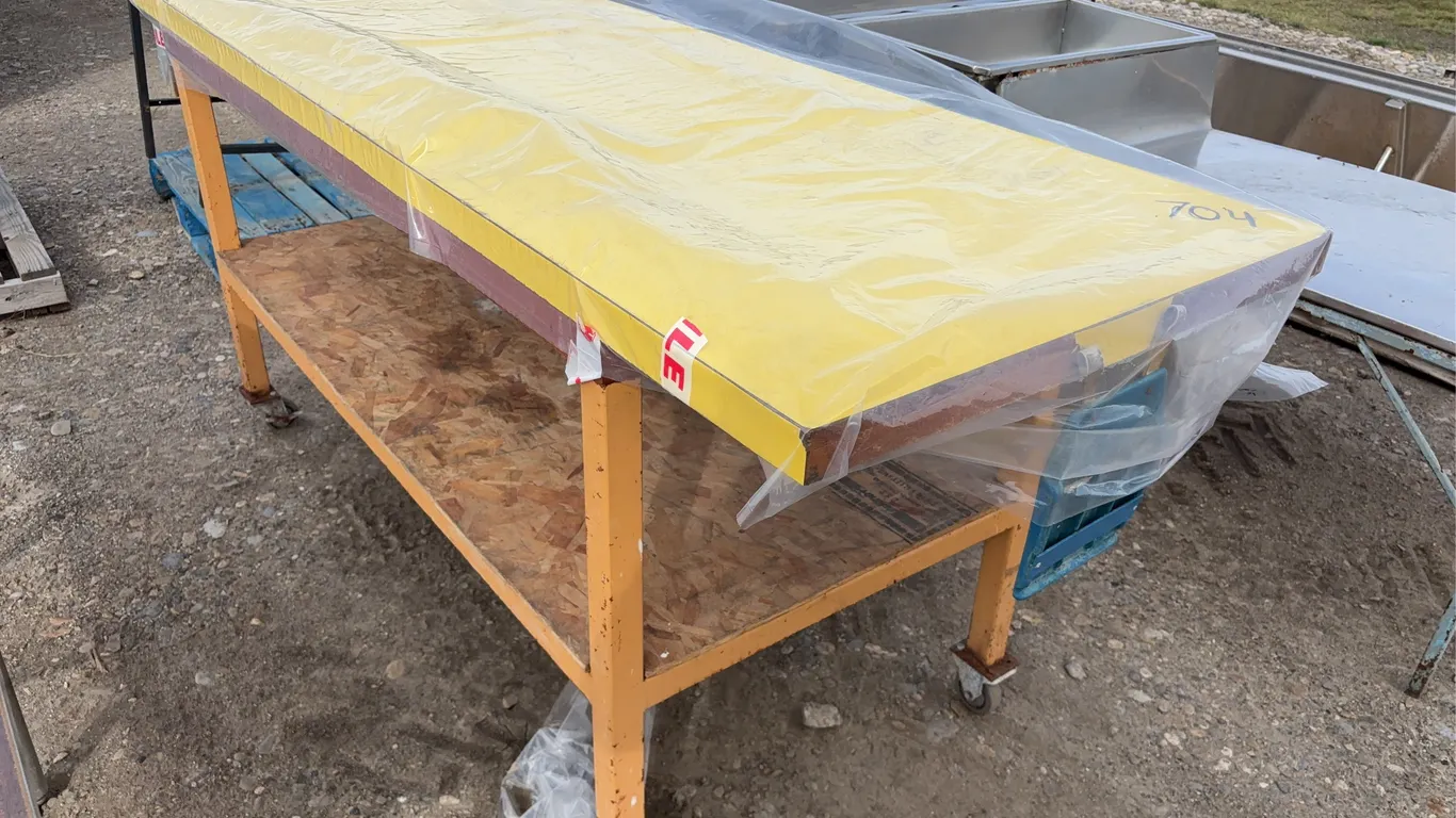 Food Prep Industrial table, wood count top w/ wood frame & legs, approx 7'9" x 32" x 42", wheels on table legs, *Unreserved*