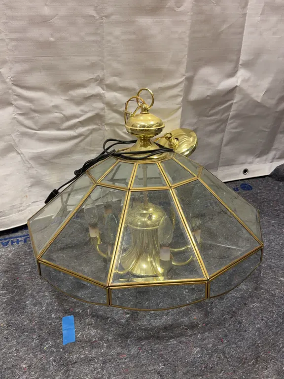 Vintage Brass & Beveled Glass Hanging Chandelier
