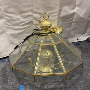 Vintage Brass & Beveled Glass Hanging Chandelier