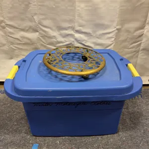 Storage Tote Of Straps& Ornate Metal Plant Stand