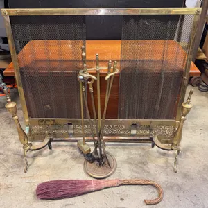 Vintage Brass Fireplace Screen, Andirons & Tool Set