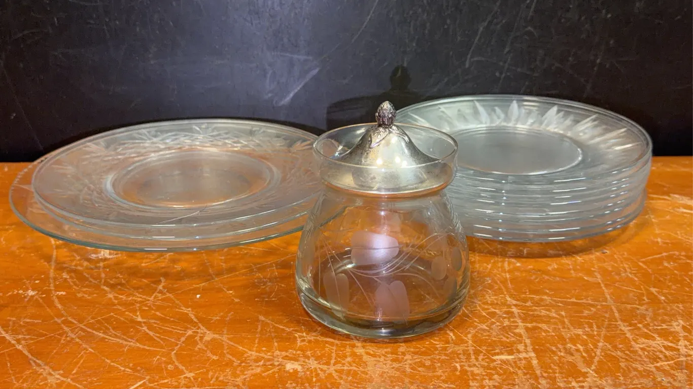 Vintage Glass Plates & Etched Glass Jar