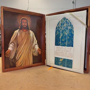 Holy Bible in Wooden Presentation Case with Jesus Artwork