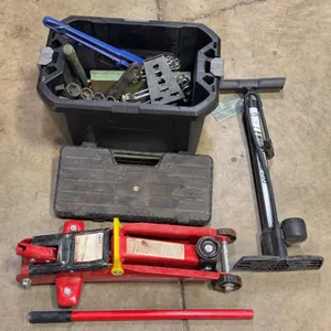 Automotive Floor Jack, Air Pump & Assorted Hand Tools