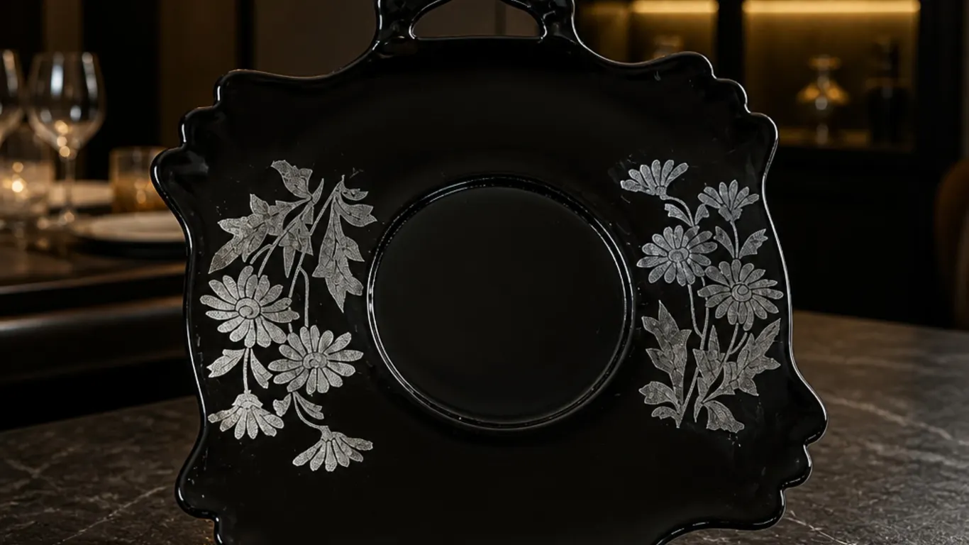 Depression Era Black Amethyst Glass Serving Plate Bowl Handles Silver Flowers