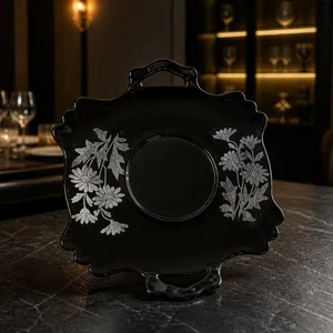 Depression Era Black Amethyst Glass Serving Plate Bowl Handles Silver Flowers