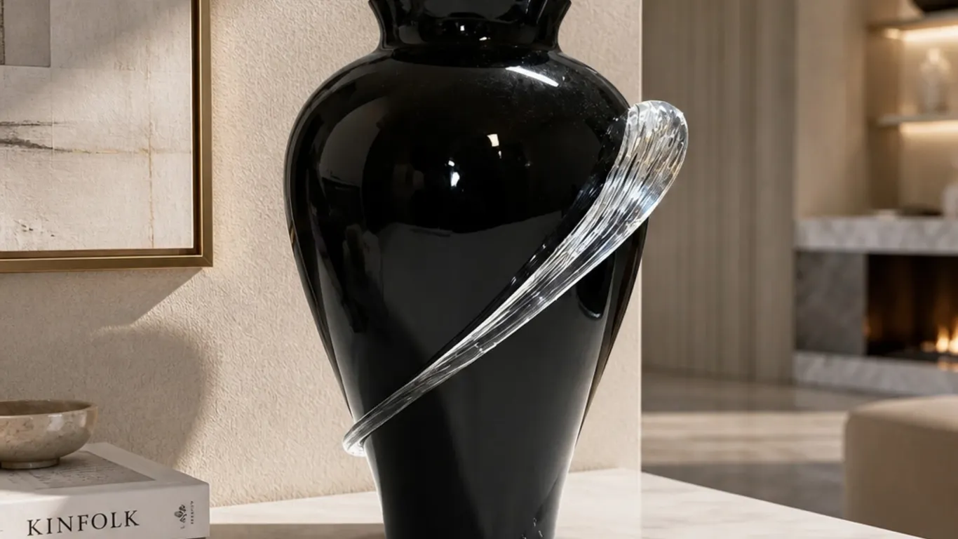 Two's Company Purple/Black Amethyst Glass Vase w/ applies Clear glass swirl handles 11"