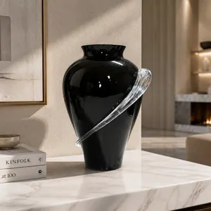 Two's Company Purple/Black Amethyst Glass Vase w/ applies Clear glass swirl handles 11"