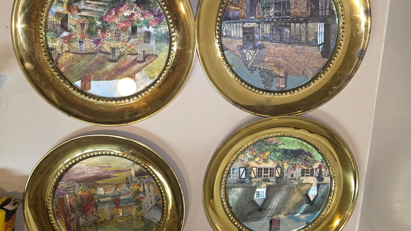 4-Solid Brass Wall Hanging Plate Foil Art Picture Stamped England Landscape 7.5”