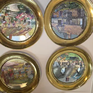 4-Solid Brass Wall Hanging Plate Foil Art Picture Stamped England Landscape 7.5”