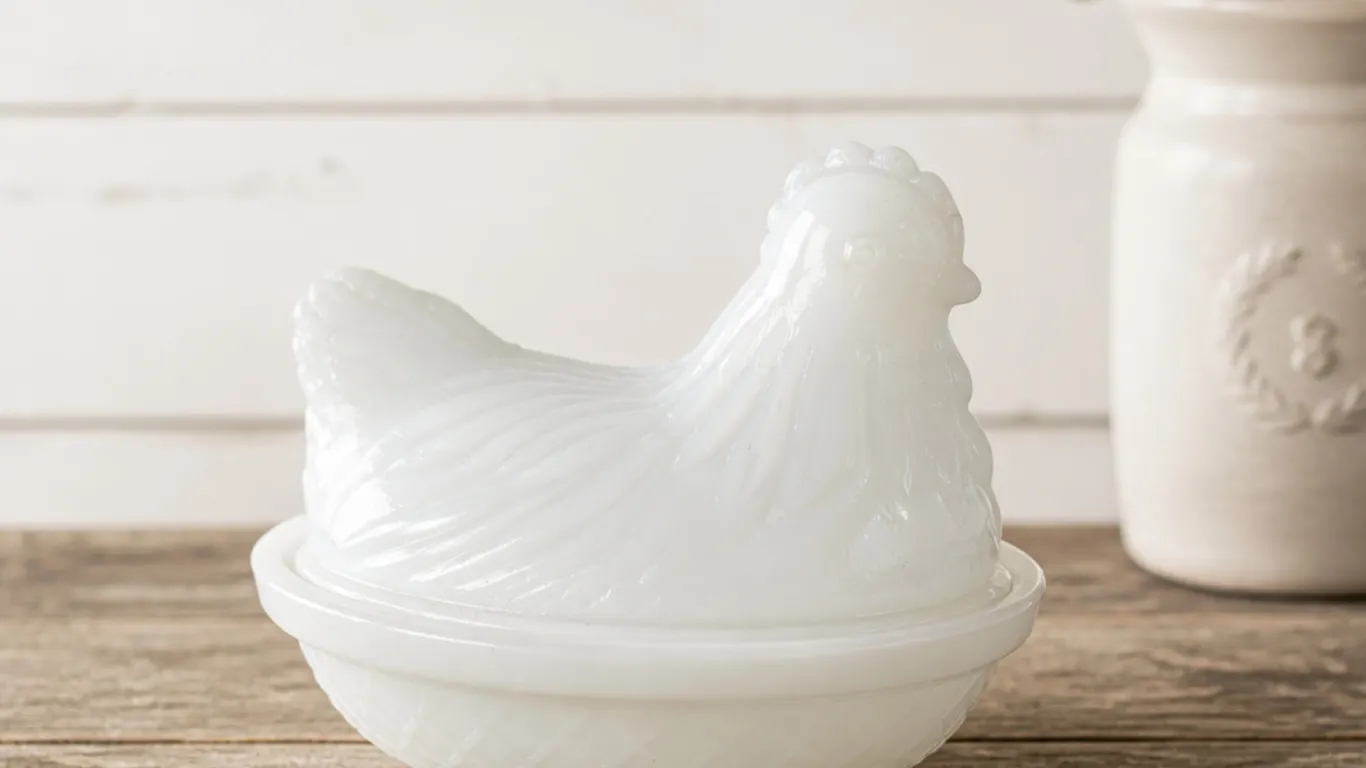 Vintage Hazel Atlas White Opaque Milk Glass Hen/Chicken Basket/Nest
