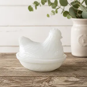 Vintage Hazel Atlas White Opaque Milk Glass Hen/Chicken Basket/Nest