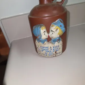 Vintage Little Brown Jug Piggy BANK with Kissing Dutch Girl & Boy