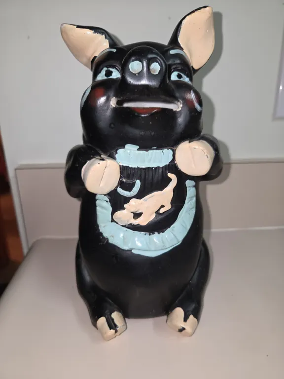 Rare Chalkware Pig Money Bank 1940s Black Painted Cork Plug Piggy Bank