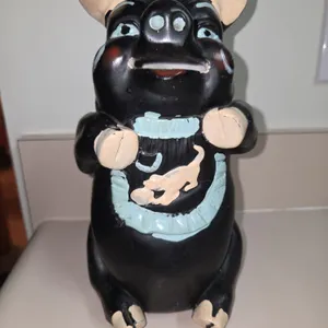 Rare Chalkware Pig Money Bank 1940s Black Painted Cork Plug Piggy Bank