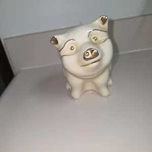 1960's Ceramic Souvenir Ivory Gold Hand Cast Piggy Coin Bank Rare Vintage