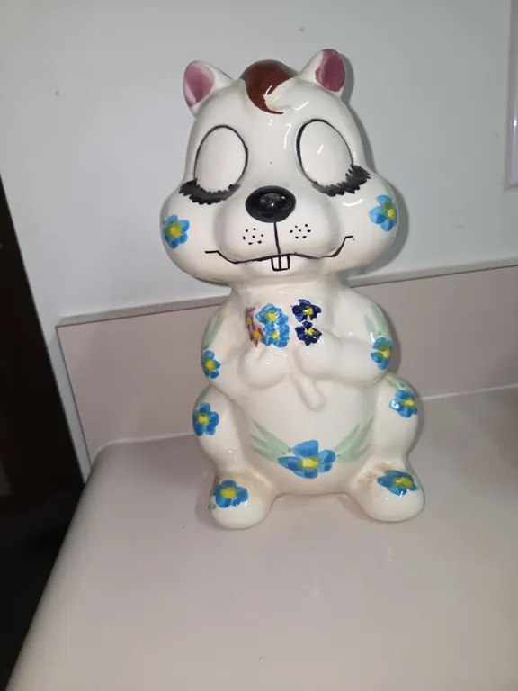 Vintage Fred Roberts San Francisco Ceramic Squirrel Bank Floral Cute! Some glazing due to age