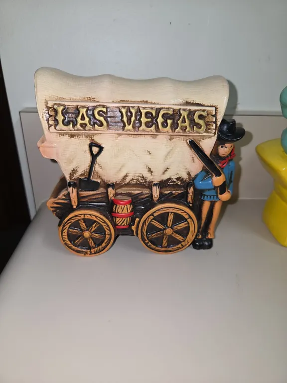 Las Vegas Western Covered Wagon Train & Cowboy Piggy Bank Rustic Collectible