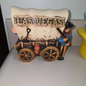 Las Vegas Western Covered Wagon Train & Cowboy Piggy Bank Rustic  Collectible