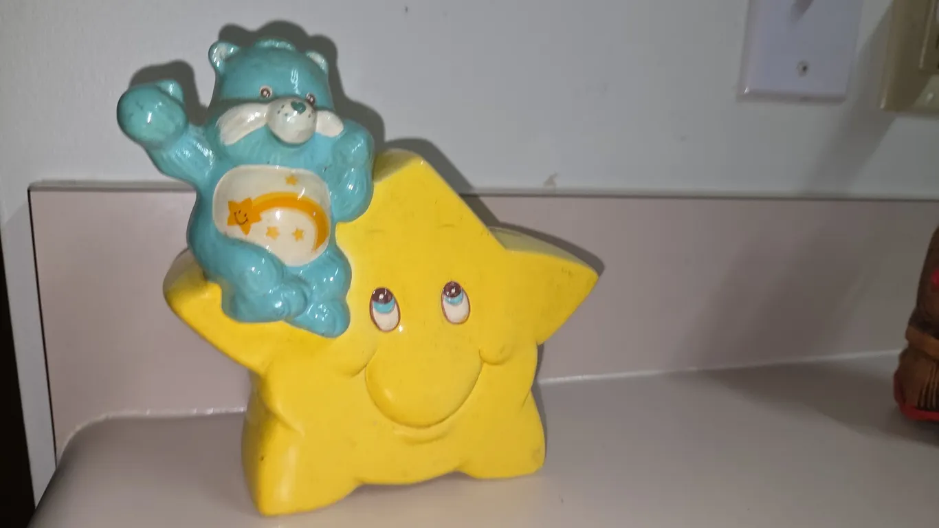 vintage Care Bears bank - aqua bear on yellow star - as is Care Bear piggy