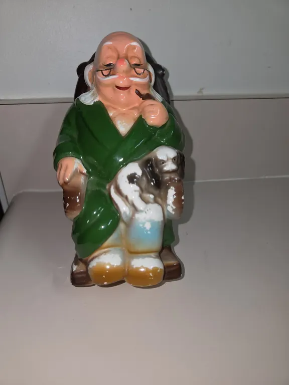 Vintage Retirement Fund Piggy Bank Old Man Grandpa Rocking Chair Dog Japan 5.75”