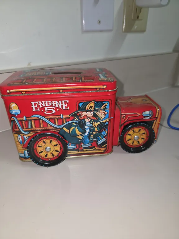 Vintage Tin Firetruck Coin Bank