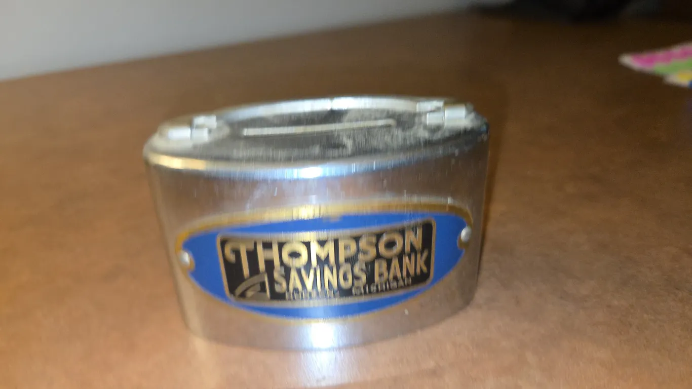 ANTIQUE THOMPSON SAVINGS SMALL BRASS SAVINGS BANK no key