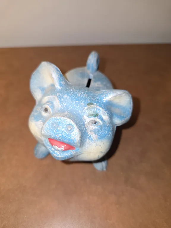 Vintage Blue Cast Iron Piggy Bank W/Missing Cover On the Bottom (B1)