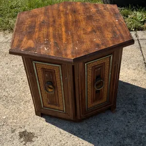 Vintage Hexagon Wood End Table Cabinet with Woven Panel Doors