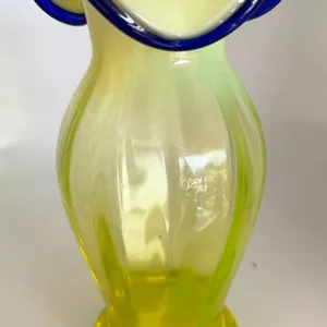 Art Glass Vase Yellow Green with Cobalt Blue Ruffled Rim