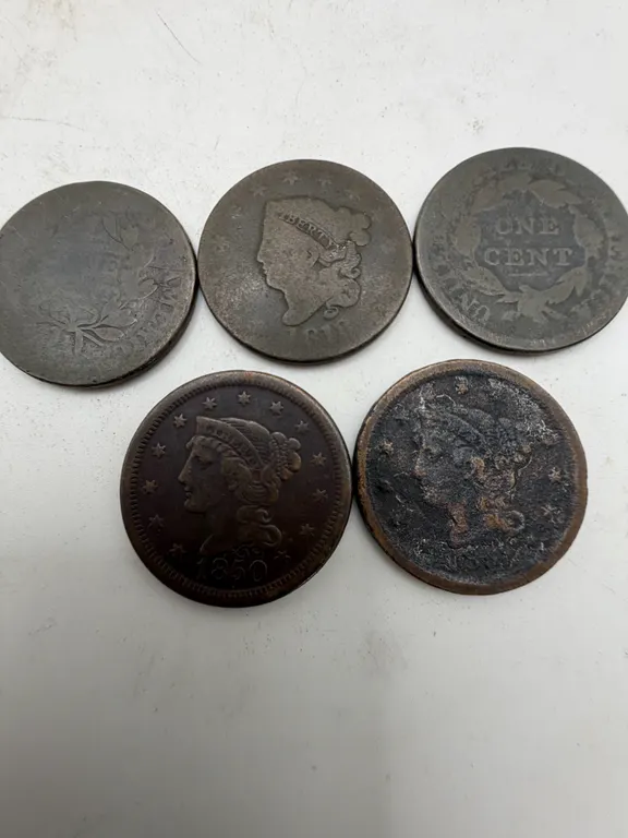 Lot of 5 Early US Large Cents 1850 Braided Hair Coronet Liberty Copper Coins