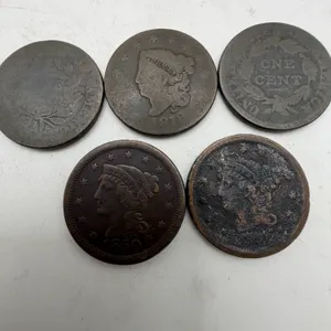 Lot of 5 Early US Large Cents 1850 Braided Hair Coronet Liberty Copper Coins