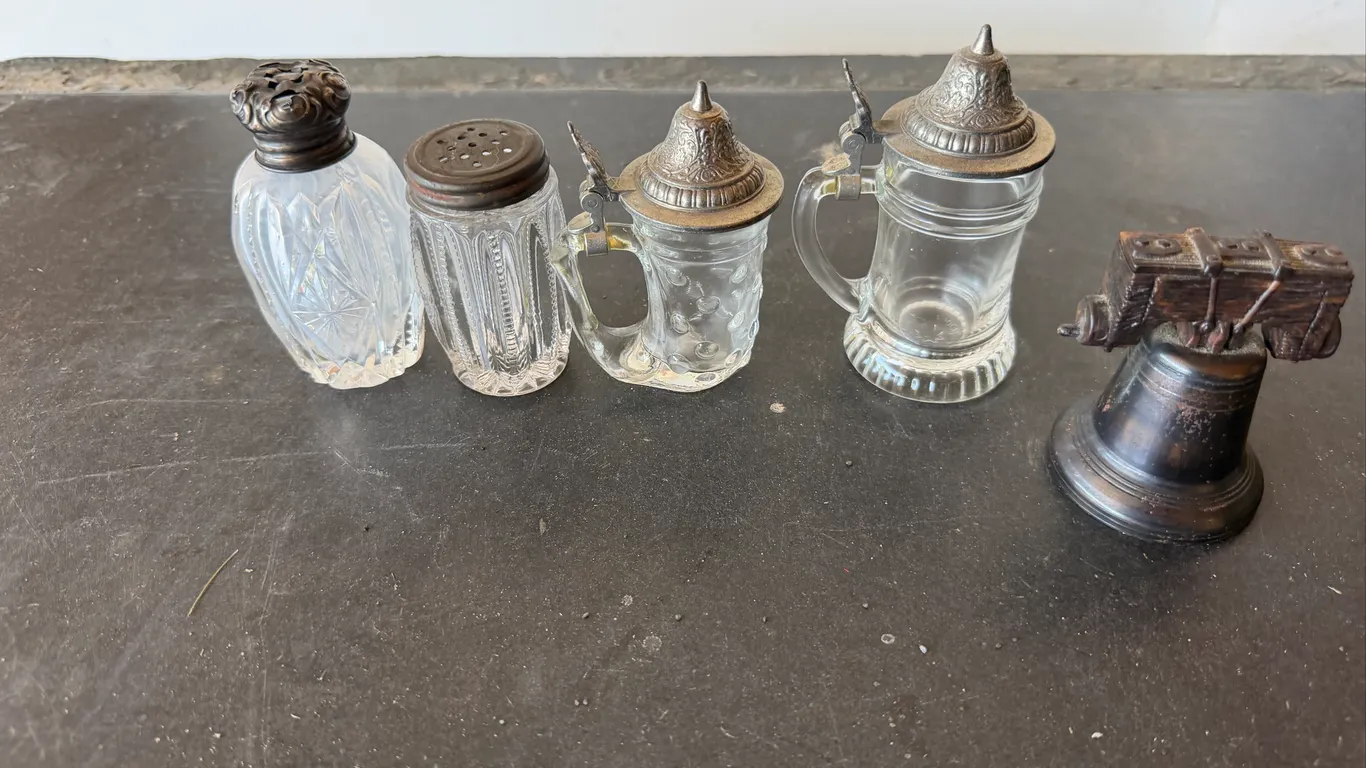 Vintage Glass & Metal Shakers Mini Steins Liberty Bell Lot
