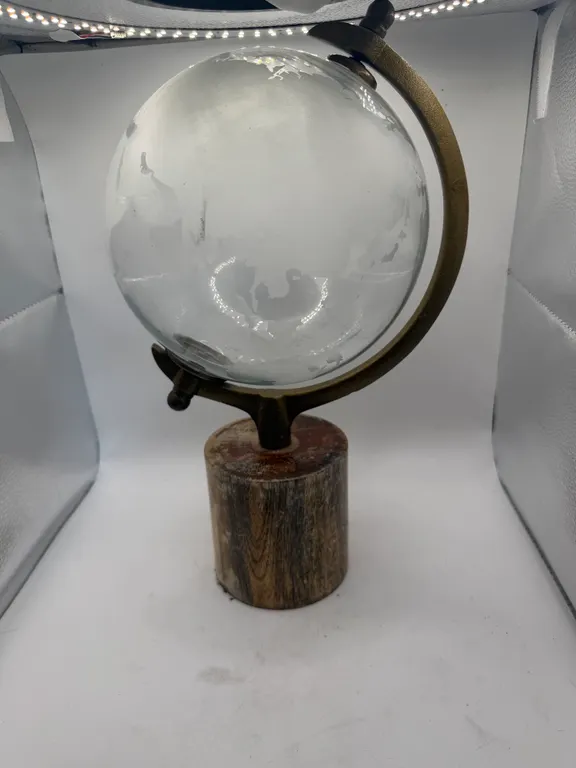 Decorative Glass Globe on Brass Tone Stand with Wood Base