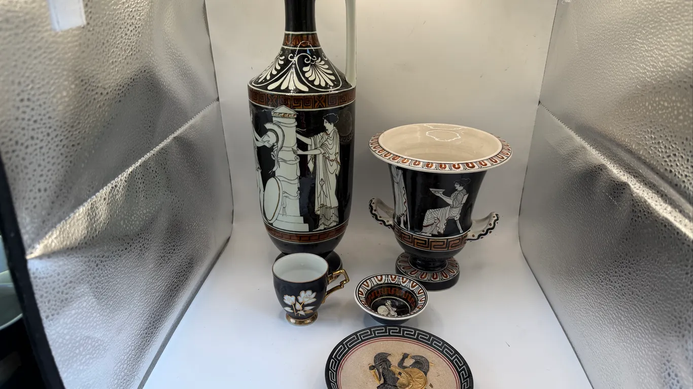 Vintage Greek Revival Miniature Pottery Set - Hand-Painted in Athens, Dated 1937