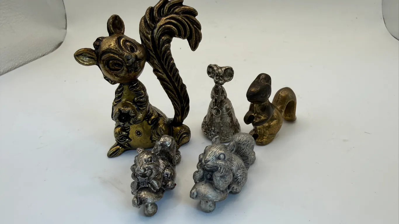 5 miniature metal squirrel figurines i