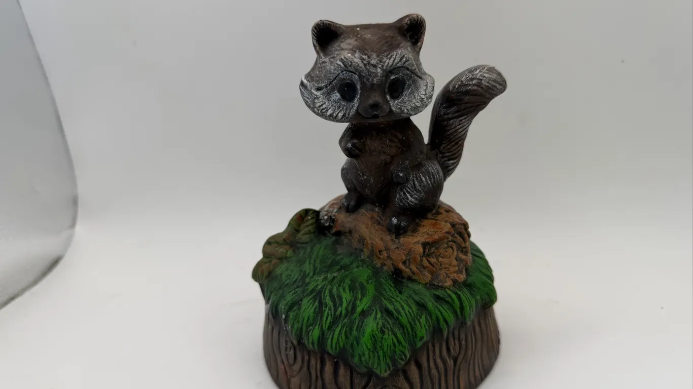 Vintage Ceramic Raccoon Hanging Upside Down on Tree Stump Figurine / Planter