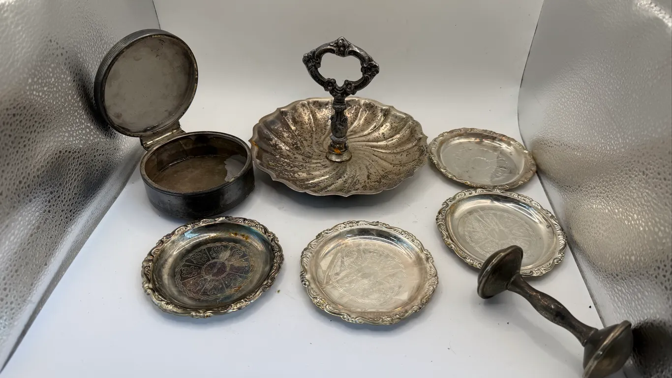 Vintage Silver Plate / Sterling Hollowware & Barbell Baby Rattle Lot