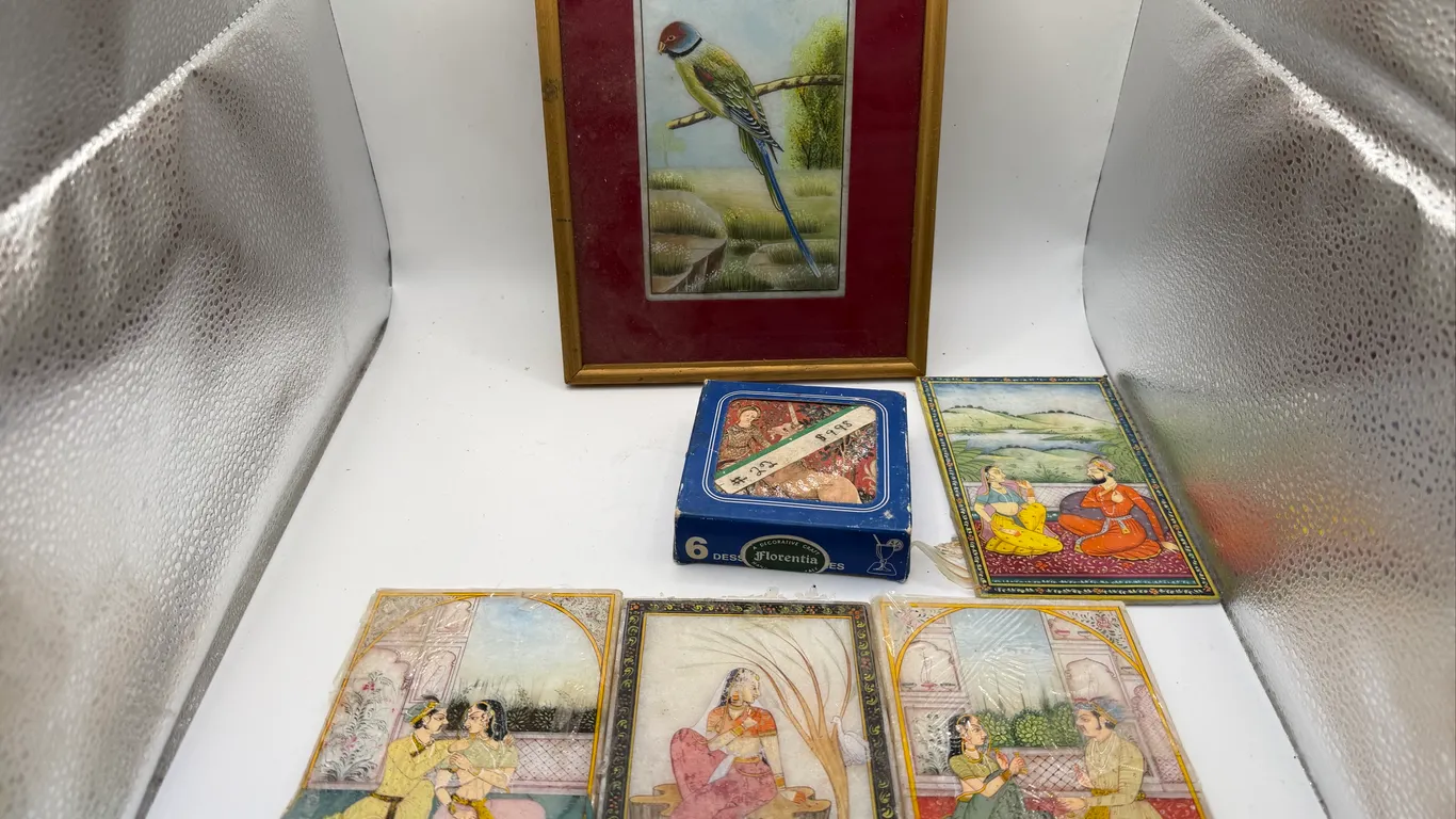Vintage Indian Miniature Art Lot Framed Bird Painting & Decorative Tiles