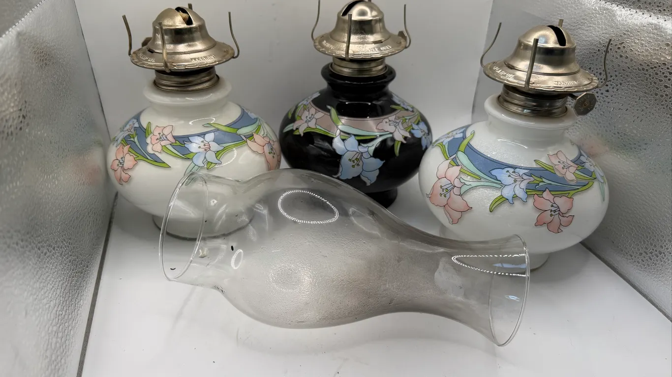 Vintage Floral Glass Oil Lamp Lot of 3
