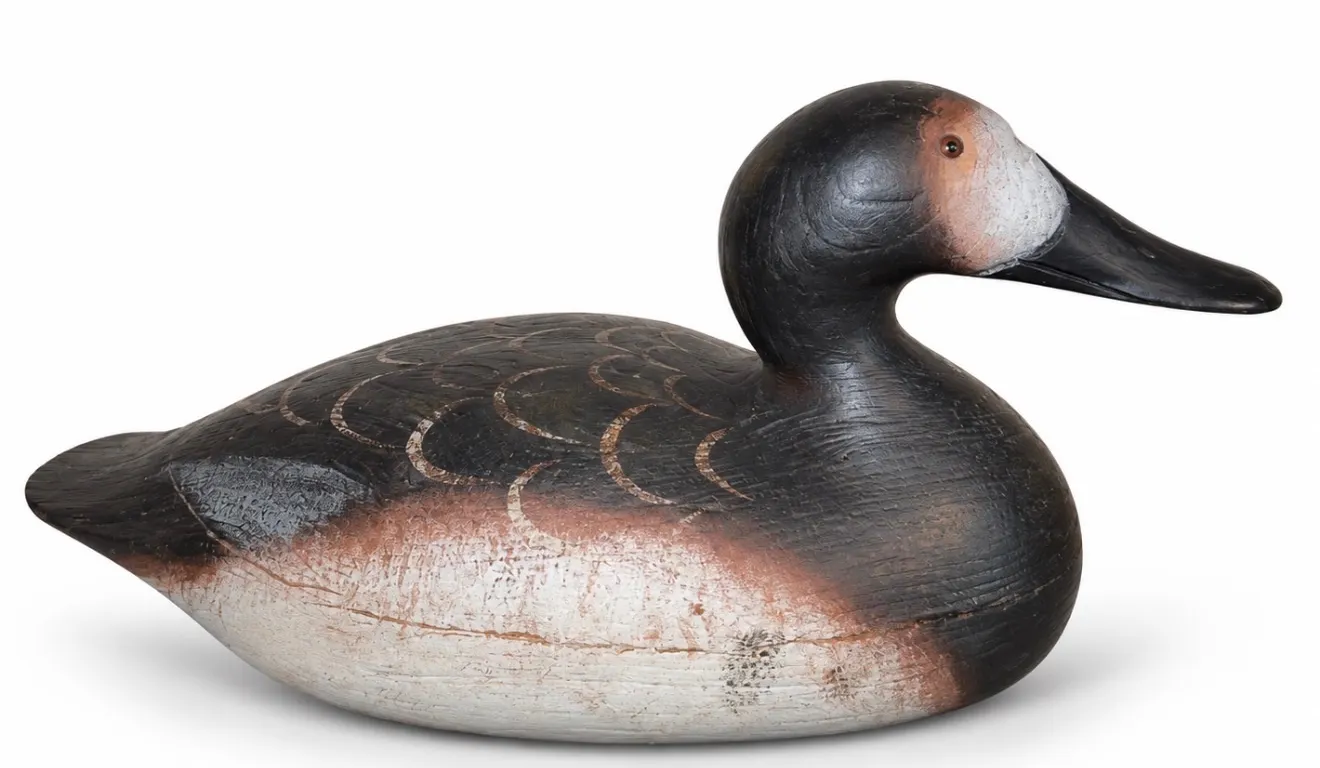 hand-carved wooden canvasback duck decoy, featuring painted feather details and a dark head