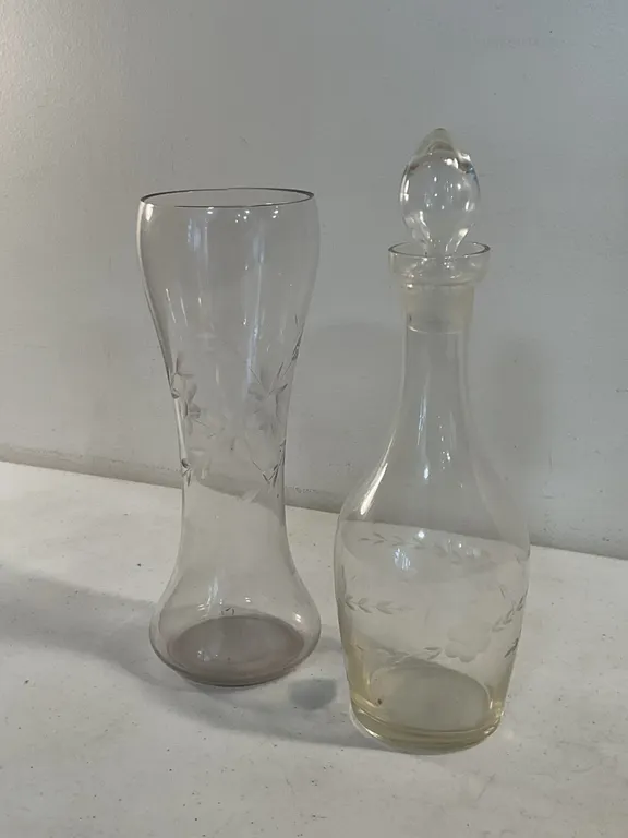 Vintage Etched Floral Glass Vase & Decanter