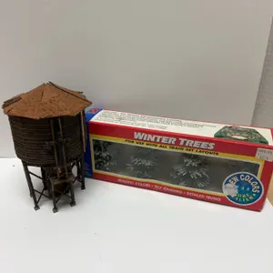 Model Railroad Wooden Water Tower and Life-Like Winter Trees Set