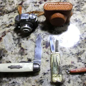 Miniature Click Camera and Three Pocket Knives