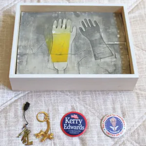 Political Pins, Sculptural Keychains, Framed Art