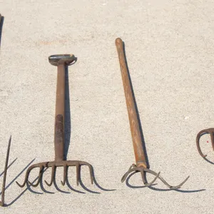 Four Metal Pitchforks with Wooden Handles